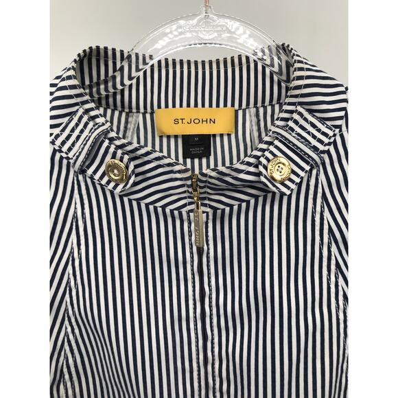 St. John Blue White Striped Stretch Zip Front Jacket M - Picture 3 of 10
